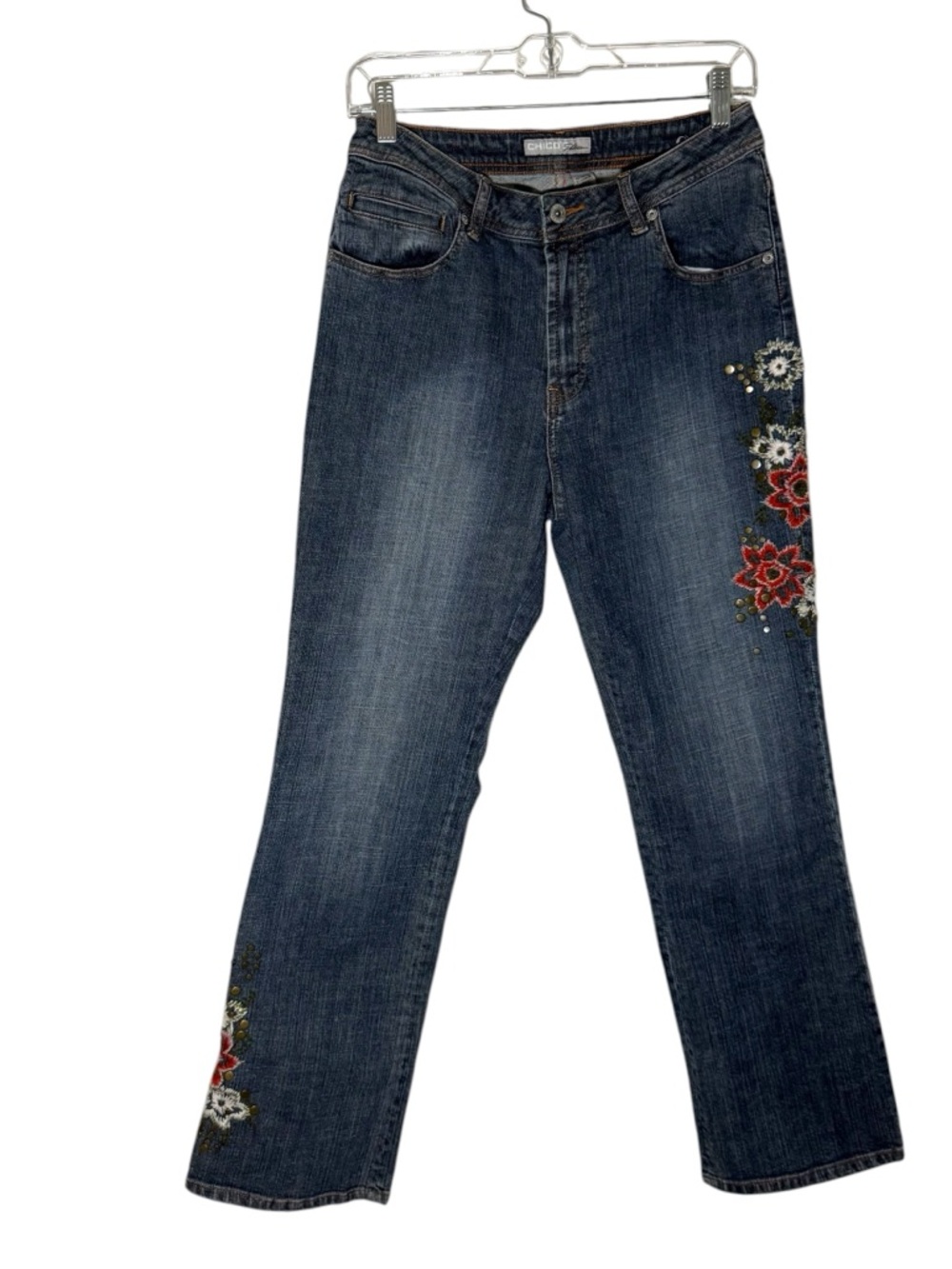 Chico's Platinum Floral Embroidered Straight Leg Jeans Womens Sz 8 M (Chicos 1)